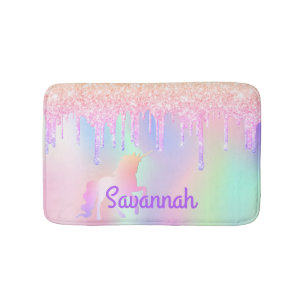 Unicorn pink glitter drips name holographic bath mat
