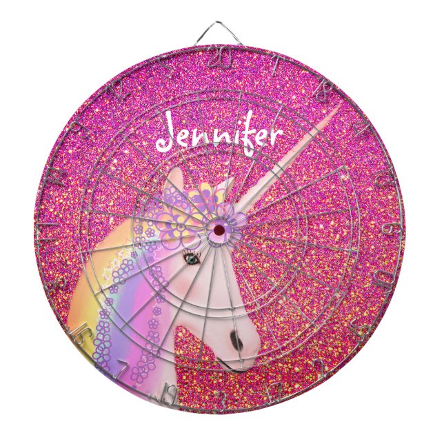 Unicorn Pink Glitter Fantasy Girls Personalized Dartboard (Front)