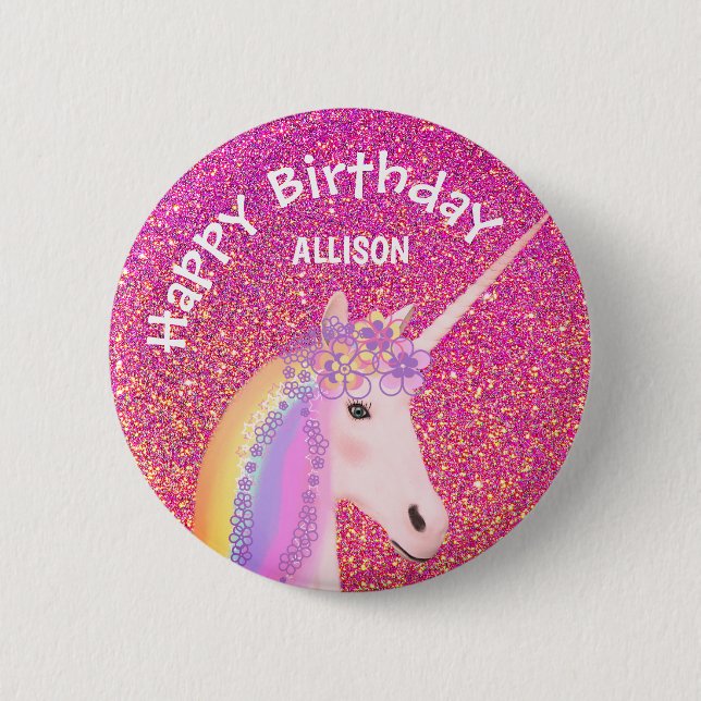 Unicorn Pink Glitter Girls Birthday Personalized 2 Inch Round Button (Front)