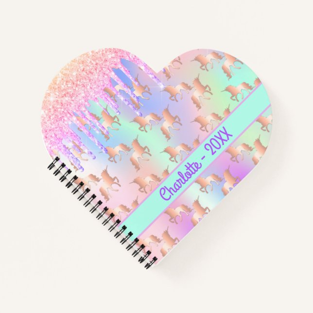 Unicorn pink glitter iridescent rose gold monogram notebook (Front)