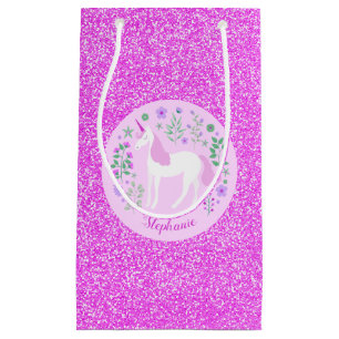 Unicorn Pink Glitter Personalized Name Small Gift Bag