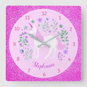Unicorn Pink Glitter Personalized Name Square Wall Clock