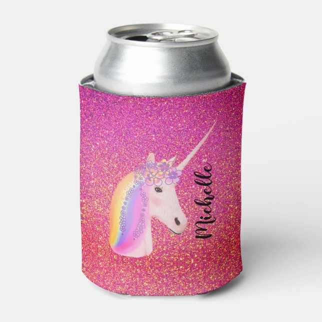 Unicorn Pink Glitter Sparkle Personalized Can Cooler (Can Front)