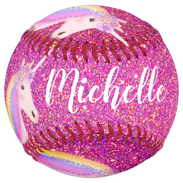 Unicorn Pink Glitter Sparkles Girl's Personalized Softball (Back)