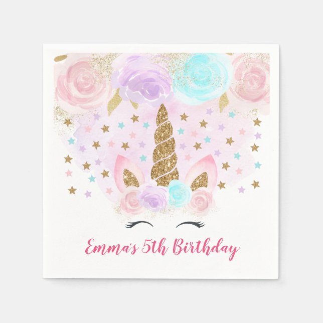 Unicorn Pink & Gold Birthday Napkin (Front)