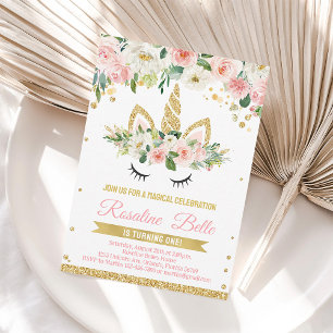 Unicorn Pink Gold Floral Girl Birthday Invite