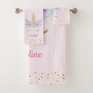 Unicorn Pink Gold Glitter Girl's Name Bath Towel Set