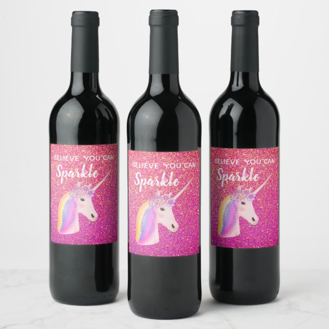Unicorn Pink Gold Glitter Inspirational Quote Wine Label (Bottles)