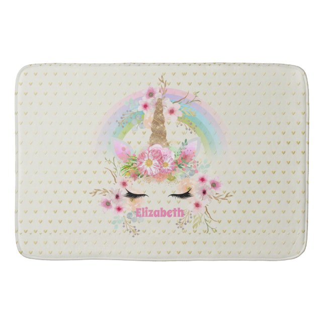 Unicorn Pink Gold Glitter Look Named Girls Floral Bath Mat (Front)