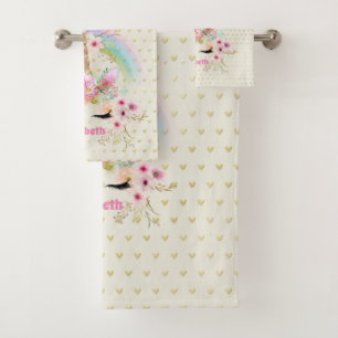 Unicorn Pink Gold Glitter Look Named Girls Floral Bath Towel Set