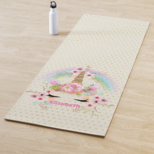Unicorn Pink Gold Glitter Look Named Girls Floral Yoga Mat