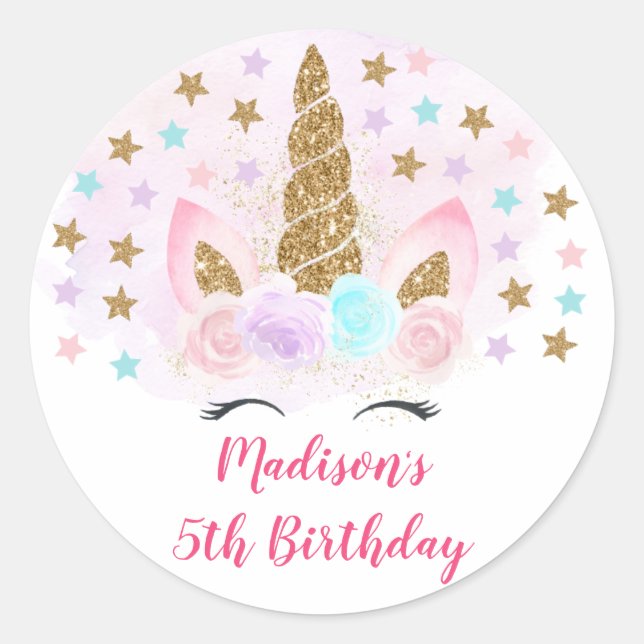 Unicorn Pink & Gold Magical Birthday Classic Round Sticker (Front)