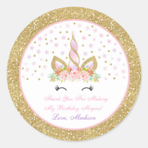 Unicorn Pink & Gold Party Favour Tag Sticker Seal