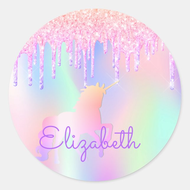 Unicorn pink holographic birthday classic round sticker (Front)