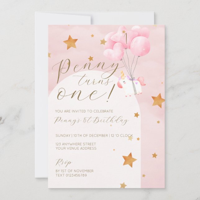 Unicorn Pink Kids 1er Anniversaire Fête Invitation (Devant)