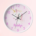 Unicorn pink name clock<br><div class="desc">A soft pink background decorated with a cute unicorn face in white and pink.  Personalize and add a name,  pink letters. Pink clock-face numbers.</div>