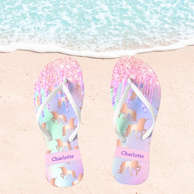 Unicorn pink purple glitter drips name flip flops (Creator Uploaded)