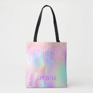 Unicorn pink purple holographic name tote bag