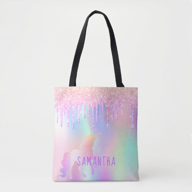 Unicorn pink purple holographic name tote bag (Front)