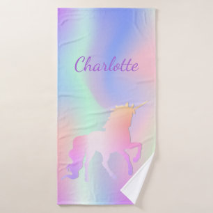 Unicorn pink purple name holographic girl bath towel