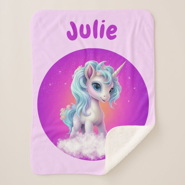 Unicorn pink purple name  sherpa blanket (Front)