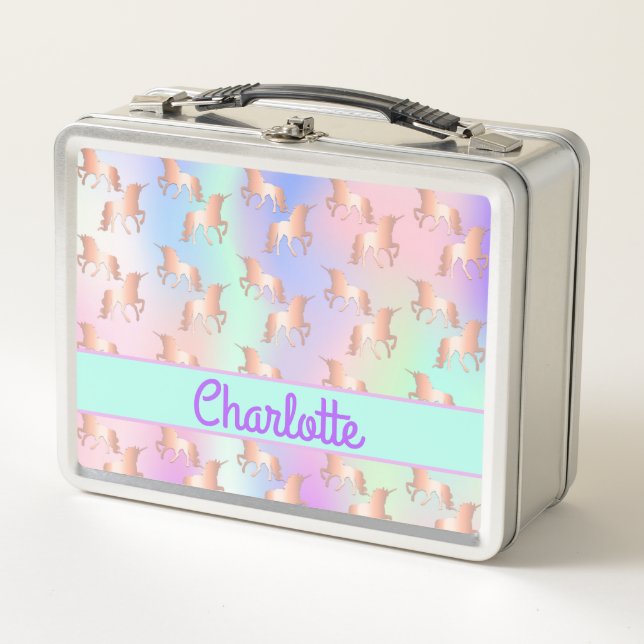 Unicorn pink rainbow colour shiny monogram metal lunch box (Front)