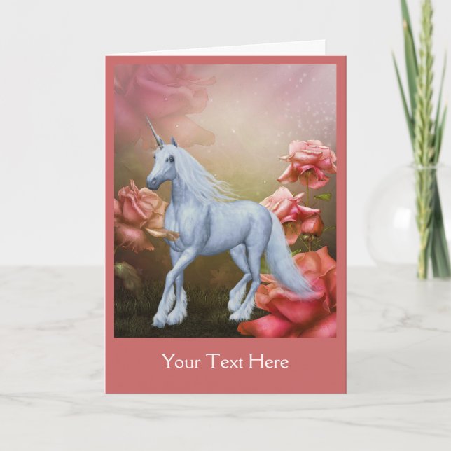 Unicorn Pink Roses Fantasy Horse Photo Card (Front)