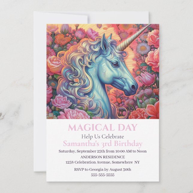 Unicorn Pink Roses Party 3rd Birthday Invitation (Front)