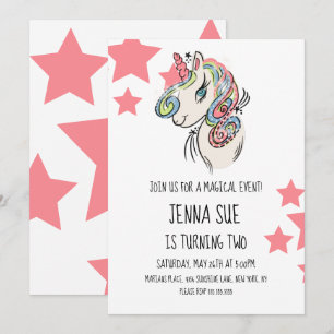 Unicorn Pink Stars Hand Drawn Birthday Party Invitation