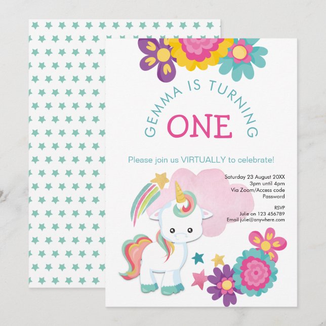 Unicorn Pink Teal Girl Virtual 1st Birthday Party Invitation (Front/Back)
