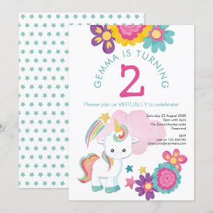 Unicorn Pink Teal Girl Virtual 2nd Birthday Party Invitation