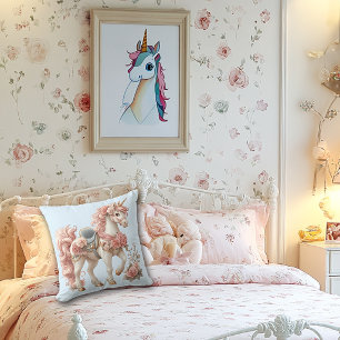 Unicorn Pink White Blue Pink Roses Throw Pillow