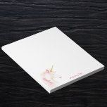 Unicorn pink white name girl notepad<br><div class="desc">A cute pink and golden unicorn head. White background. Personalize and add your name. Pink letters.</div>