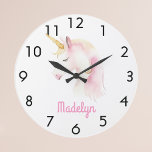 Unicorn pink white name large clock<br><div class="desc">A white background decorated with a cute unicorn face in white and pink.  Personalize and add a name,  pink letters.</div>