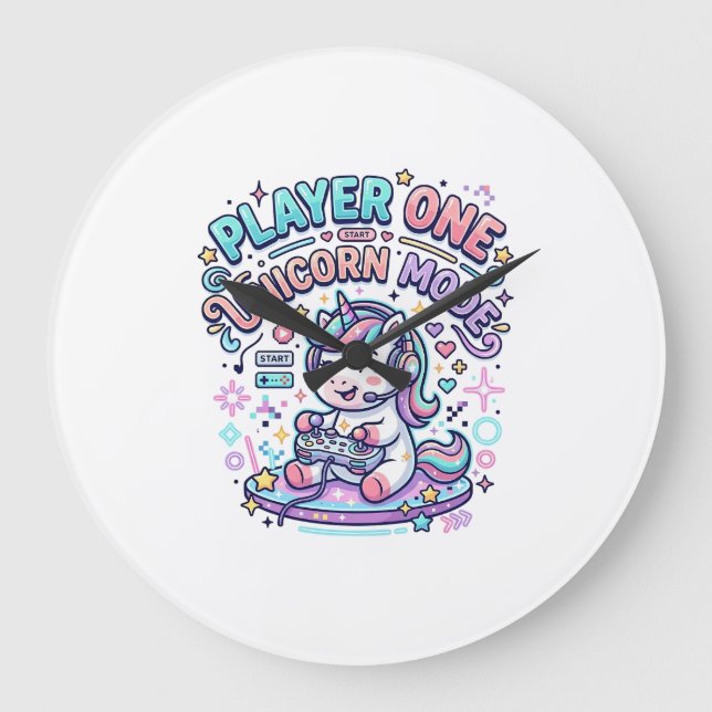 Unicorn Player One Unicorn Mode Retro Style Graphi Large Clock (Front)