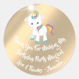 Unicorn Pony Birthday Favour Pink Rainbow Gold Classic Round Sticker