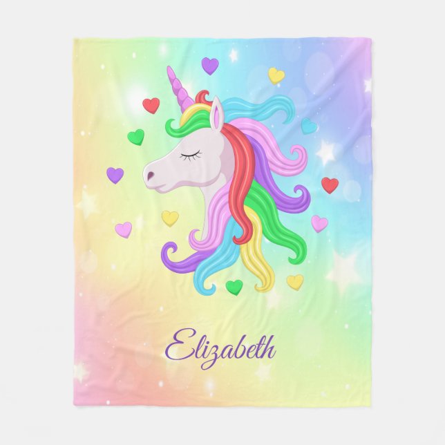 Unicorn Pony Rainbow Stars Pastel Girly Fleece Blanket (Front)