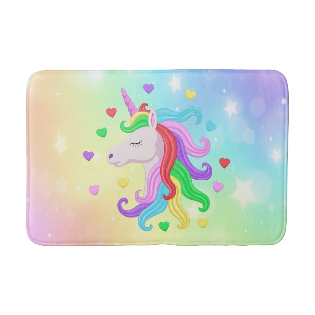 Unicorn Pony Rainbow Stars Pastel Girly Magical Bath Mat (Front)