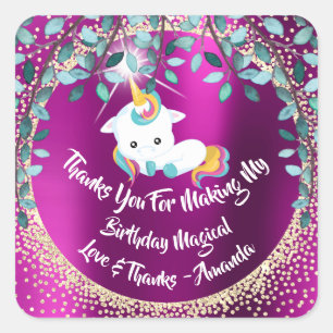Unicorn Pony Thanks Favour Fuchsia Glitter Floral Square Sticker