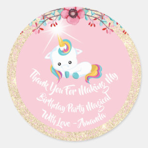 Unicorn Pony Thanks Favour Glitter Gold Sparkly Classic Round Sticker