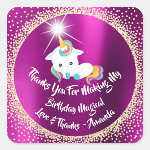 Unicorn Pony Thanks Favour Spark Glitter Rainbow Square Sticker
