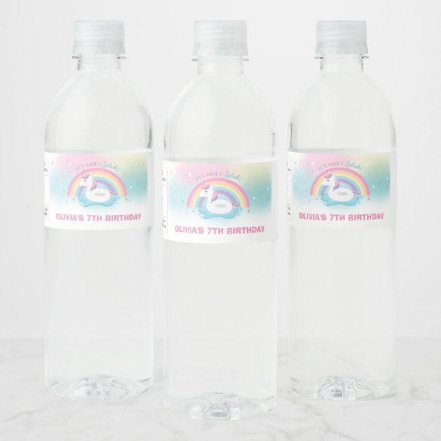 Unicorn Pool Birthday Party Rainbow Unicorn Drink Water Bottle Label (Bottles)