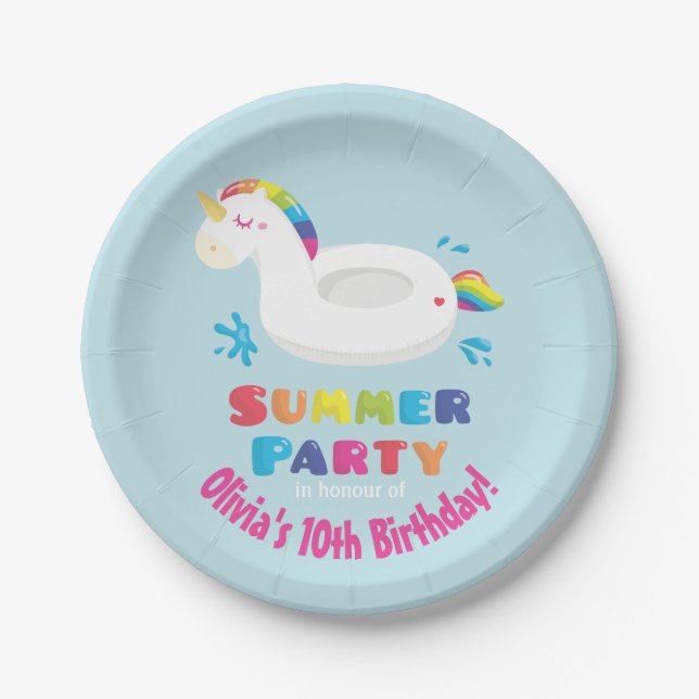 Unicorn Pool Float Summer Birthday Party Supplies Paper Plate (Front)