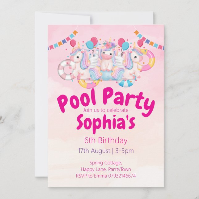 Unicorn Pool Party 6e anniversaire Invitation | Ro (Devant)