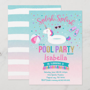 Unicorn Pool Party Anniversaire Invitation Pink Go