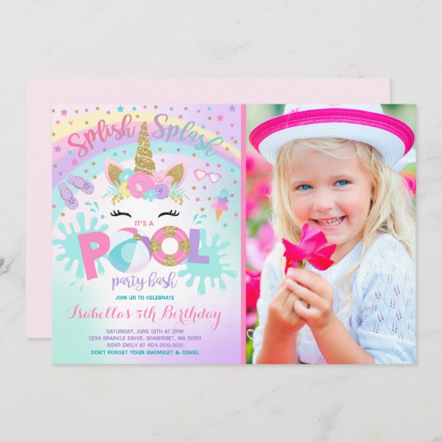 Unicorn Pool Party Invitation Pool Birthday Party (Front/Back)