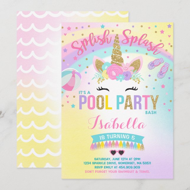 Unicorn Pool Party Invitation Pool Birthday Party (Front/Back)