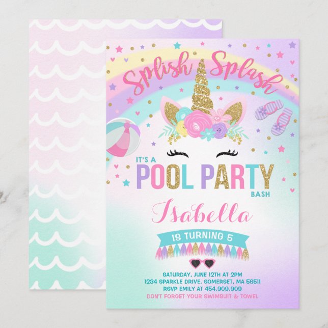 Unicorn Pool Party Invitation Pool Birthday Party (Front/Back)