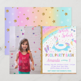 Unicorn Pool Party Photo Invitation Pink & Gold