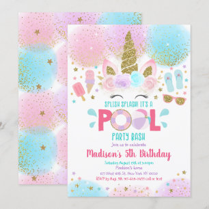 Unicorn Pool Party Pink Gold Invitation Anniversai